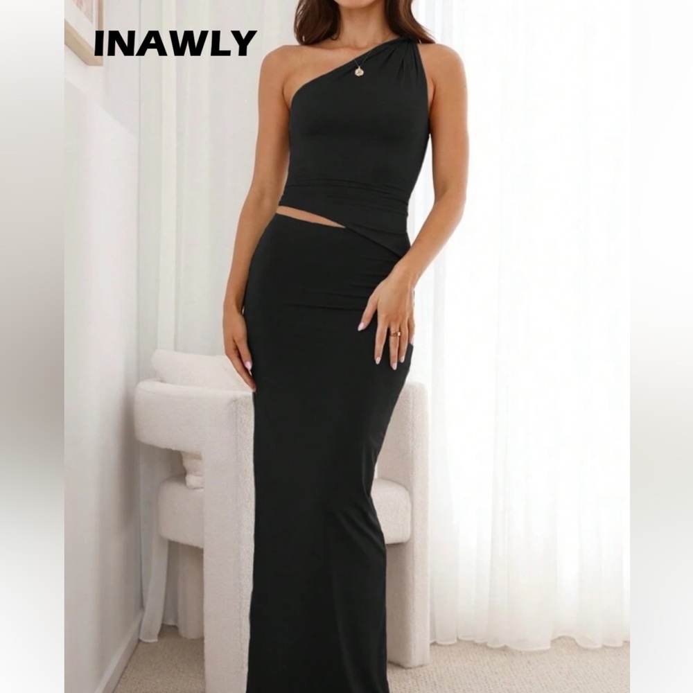 SHEIN sleeveless crop one-shoulder top and maxi skirt set | Black